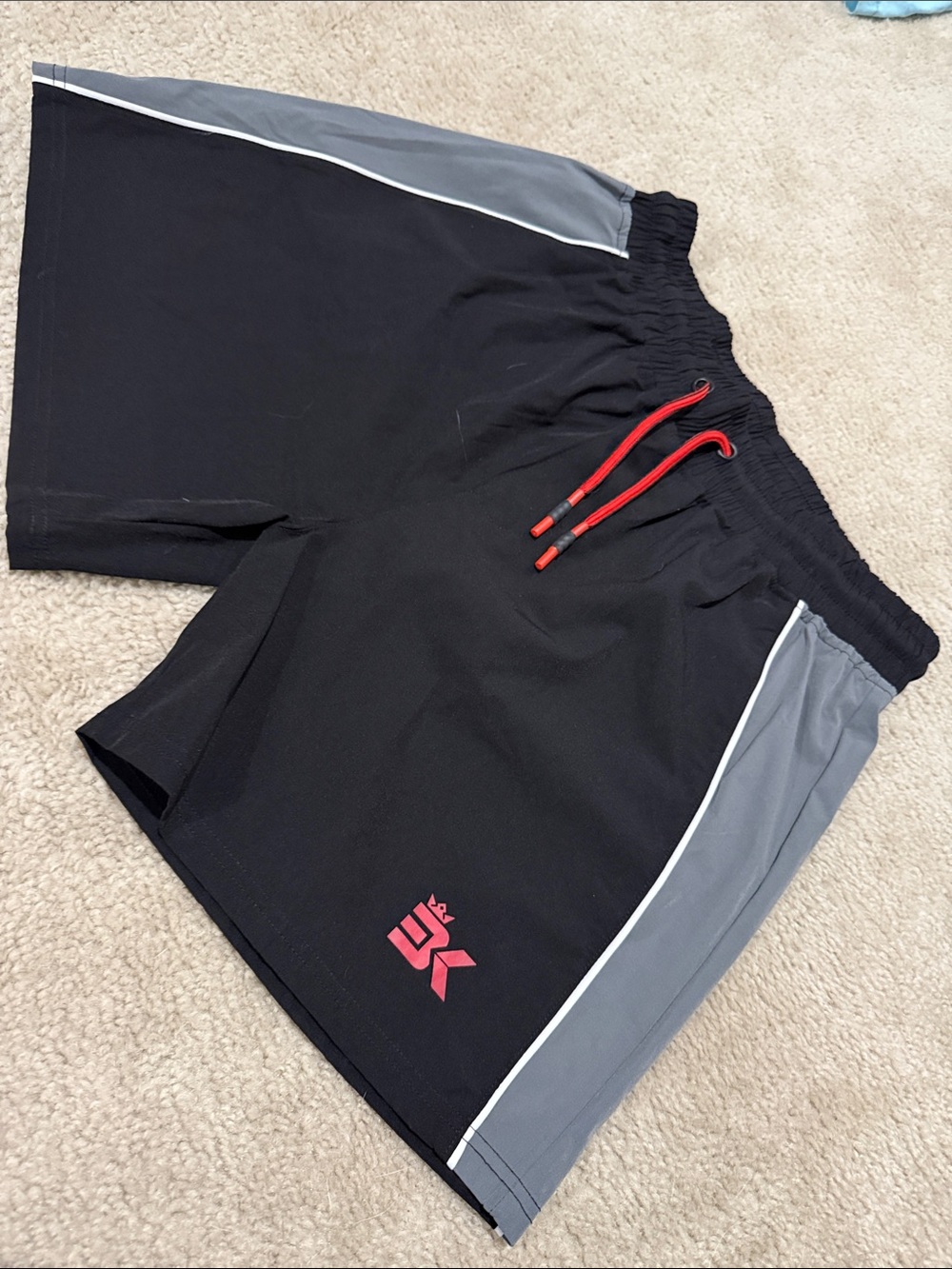 Mens  Black Athletic Shorts with Gray Panels and Red Accents (fits medium)